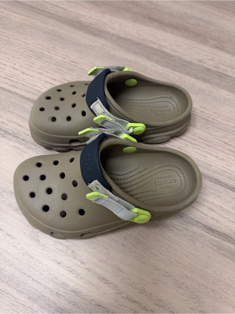 CROCS Kids Olive Clog with Navy Strap and Neon Lime Accents